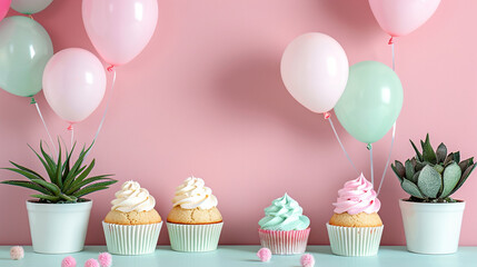 Pastel celebration scene with pink and blue balloons, frosted cupcakes on a white stand, succulents in pots, and delicate decorations, creating a cheerful, modern, and sweet party atmosphere full of c