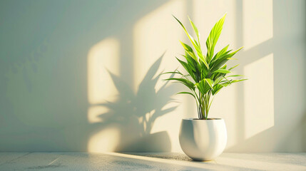 Minimalist indoor plant in a white pot placed against a soft green wall, with natural sunlight casting beautiful shadows, creating a calming, fresh, and modern home decor atmosphere full of serenity.