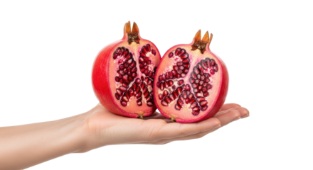 a hand offering juicy pomegranate halves antioxidant power, natures jewel, healthy delight, isolated on transparent background