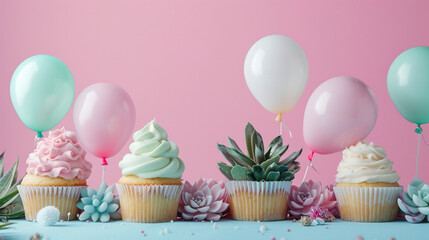 Pastel celebration scene with pink and blue balloons, frosted cupcakes on a white stand, succulents in pots, and delicate decorations, creating a cheerful, modern, and sweet party atmosphere full of c