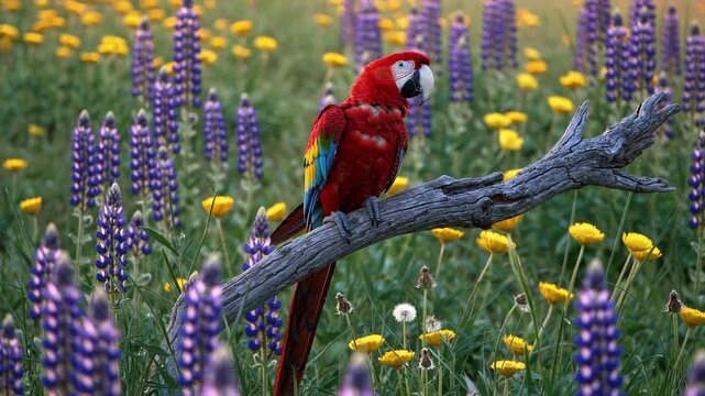 vibrant red macaw with blue and yellow wings is perched on a weathered tree branch in a field