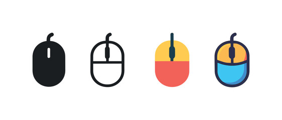 Vector icon computer mouse same pose same proportions four styles black solid glyph outline minimal flat multicolor filled cartoon flat shaded.