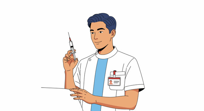 Cartoon doctor holding syringe preparing for vaccination shot in healthcare vector illustration medical worker ready to give injection