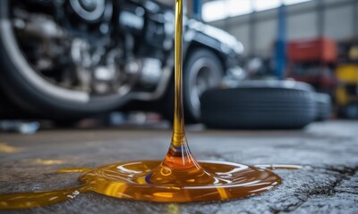 Oil drips onto concrete floor, car in background, garage, repair shop, close-up