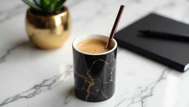 Stylish coffee cup on marble desk with laptop and notebook