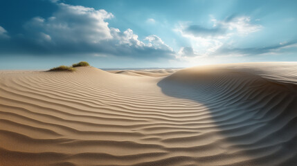 Naklejka premium Sand ripples under sky, the vast scene illuminated by gentle light. Sand, ripples, with copy space