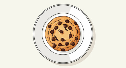 Delicious chocolate chip cookie on a white plate illustration with soft shadow and detailed texture, perfect for dessert lovers