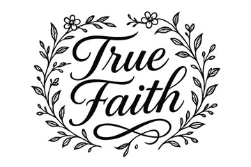True Faith elegant calligraphy lettering smooth curves balanced composition clear readable letters consistent style surrounded by delicate floral ornaments and botanical elements none clean.