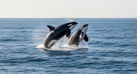 Fototapeta premium Orcas leap from ocean, sleek black and white contrasting bright water and sky