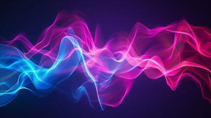 A mesmerizing digital artwork featuring vibrant neon waves of blue, pink, and purple light flowing across a dark background, symbolizing energy, motion, creativity, and the futuristic harmony of techn