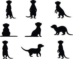Meerkat silhouette vector illustration collection, standing and sitting poses, wild animal shadow design, wildlife icon set, African desert creature graphic art