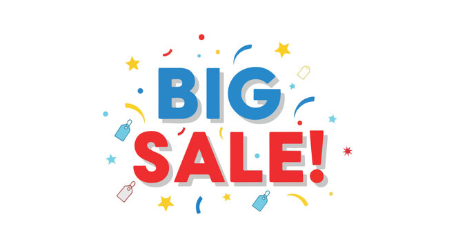 Colorful big sale banner with celebratory confetti for marketing promotions with playful elements offering significant price reductions