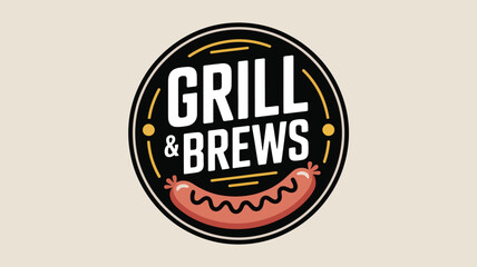 Fototapeta premium A logo with the words grill and brews in white with a sausage under it inside of a black circle