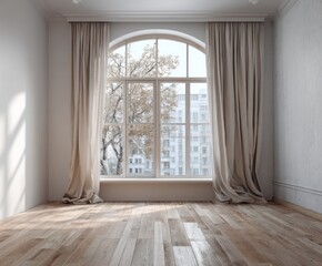 Obraz premium A tranquil, light-filled room showcases a large arched window with beige curtains, hardwood floors, and a view of a cityscape.