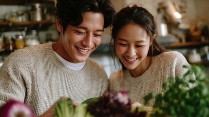 Smiling couple enjoying cooking together in a cozy kitchen surrounded by fresh vegetables at home