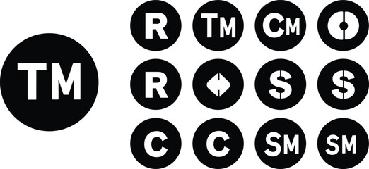 Set of trademark copyright registered symbol icons, black circle logo marks collection, legal intellectual property protection vector design illustration for branding