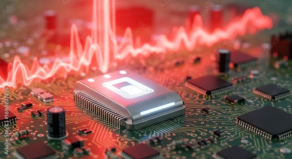 Aufkleber a modern circuit board with a highlighted processor chip and a vibrant red-toned overlay of data pat