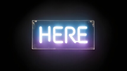 Neon sign displaying 'HERE' in glowing blue and purple letters on black background. Illuminated text for nightlife, business, or event direction. Modern urban lighting design.