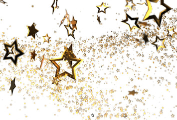 Stunning image of glittering gold stars falling on white background. Perfect for celebration, success, and luxury themes.