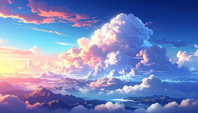 Colorful, dramatic sky and clouds over mountains