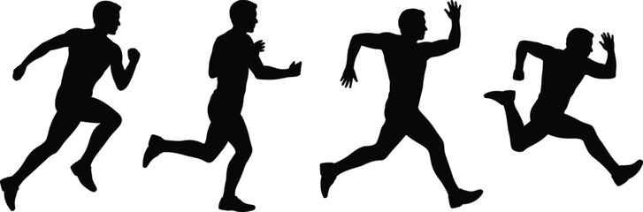 Silhouette illustration of male athletes running in different dynamic poses, fitness training, jogging, sprinting, healthy lifestyle concept, black vector sports design