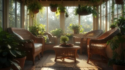 Fototapeta premium Sunlit porch with wicker furniture and plants