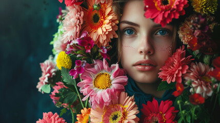 A serene young woman with closed eyes wears an extravagant floral crown, showcasing vibrant blossoms in full bloom, blending nature and art into a poetic, dreamy, and visually captivating portrait of 
