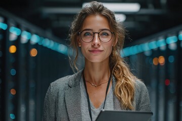 A young woman with glasses smiles while holding a tablet, posing in a server room hallway