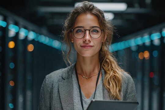 A young woman with glasses smiles while holding a tablet, posing in a server room hallway
