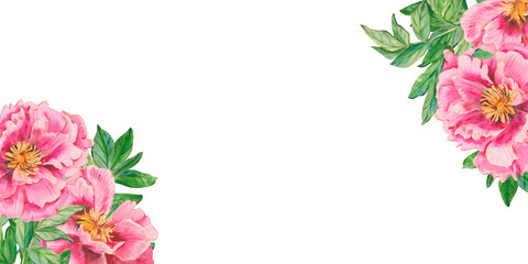 Elegant watercolor rectangular frame of pink peony roses with lush green leaves. Floral template with copy space for wedding invitations, branding, cosmetics, wedding cards, and floral design project