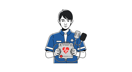 Professional medical worker holding defibrillator with heart rhythm display for emergency response and patient care assistance