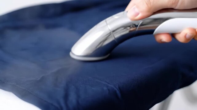 Using Hand Held Garment Steamer on Navy Blue Fabric for Wrinkle Removal and Clothing Care