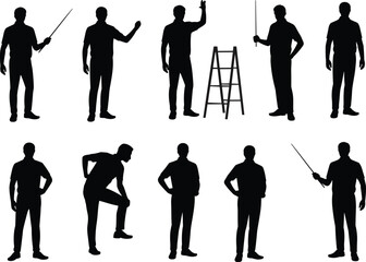 Silhouette vector illustration of businessman standing, pointing, explaining with stick, ladder, teaching, presentation, corporate training, leadership, professional poses, office concept