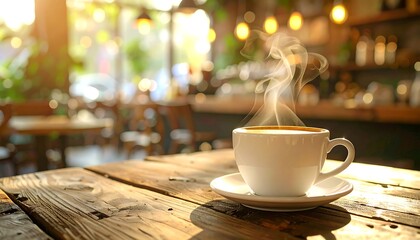 A white ceramic mug sits on a saucer on a rustic wooden table with steam rising from a hot beverage. The blurred background suggests a cozy cafe setting with sunlight filtering through a window
