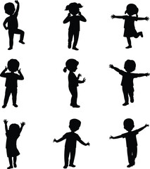 Silhouette vector illustration of children playing, dancing, standing, raising hands, joyful kids in different poses, childhood activity, black graphic design element