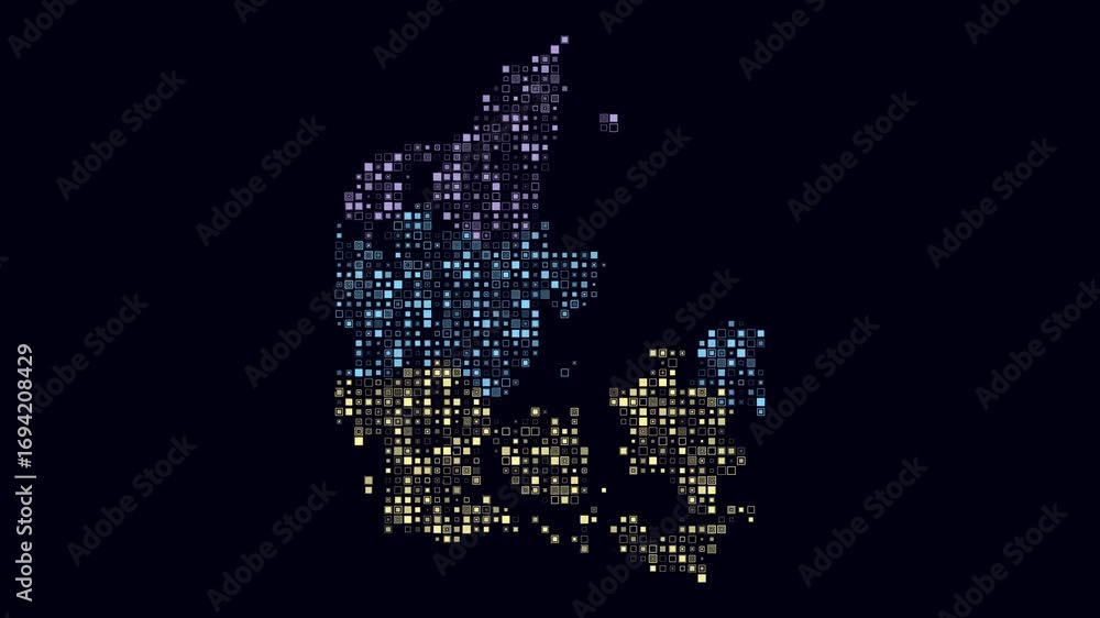 Poster denmark map animation. shape of the country with pulsating colored dots. small size square blocks. d