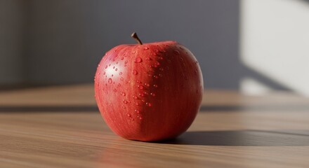 Red apple with water droplets on a wooden surface, bathed in warm sunlight