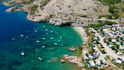 Campsite at Campig Skrila, Krk Island, Stara Baska Croatia, Aerial View of the Mountains and Coast With Boats, Beaches and Adriatic Sea. The Seaside Rv Campmobiles on a Summer Beautiful Coastline