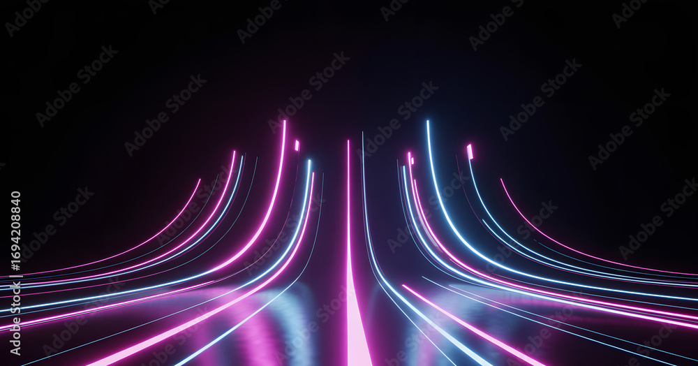 Poster neon light lines: futuristic neon light trails flow upwards, creating a vibrant and dynamic abstract