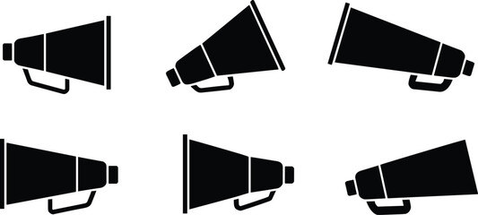 Silhouette vector illustration of megaphone icons, communication loudspeaker symbols, announcement design elements, black graphic artwork for promotion,