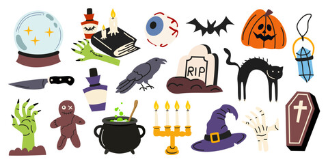 Halloween retro clipart collection with scary vector elements. Pumpkin, black cat, witch hat, potion, skeleton, cauldron, zombie, bat. Holiday flat illustration for stickers, festive design