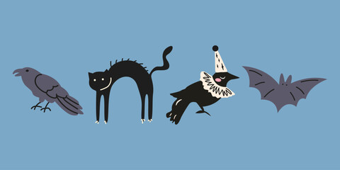 Halloween retro clipart in cartoon flat style. Black cat, crow, bat. Doodle creepy animals illustration for scary decoration, stickers, greeting card, labels, badges. Vector Illustration