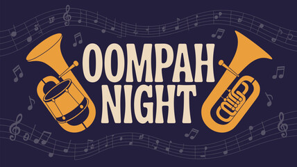 Illustration featuring oompah night text with tubas and musical notes on a dark blue background