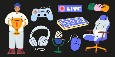 Gaming cartoon retro clipart. Gamer stickers with a boy, headphones, mouse, microphone, keyboard, chair, joystick. Collection of sports equipment and digital devices for video games, streaming © luamor