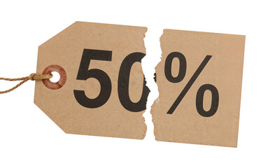 Torn 50 percent discount tag with rope isolated on the transparent background represents broken sale or lost deal opportunity