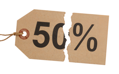 Torn 50 percent discount tag with rope isolated on the transparent background represents broken sale or lost deal opportunity