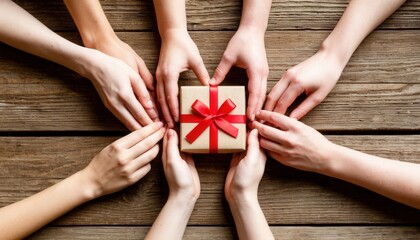 Overhead view of diverse hands forming a heart around a recycled paper gift with red ribbon on wooden table. Perfect for charity, eco branding, holidays, and International Volunteer Day campaigns.