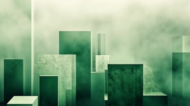 Green abstract cityscape emerging from fog