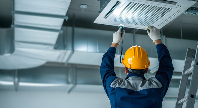 HVAC technician inspecting a commercial ceiling air conditioner and ductwork with a flashlight