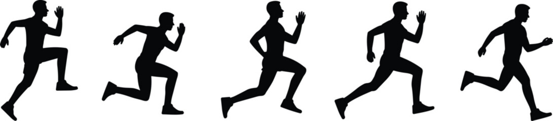  Silhouette vector illustration of running man in multiple poses, athletic sports action sequence, fitness exercise, jogging, sprinting, marathon training, healthy lifestyle